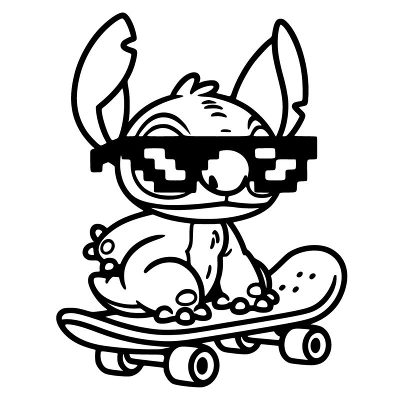 stich on a skateboard with pixel glasses on