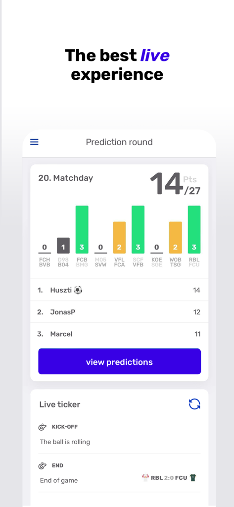 Teamtip - Your Predictor Game - Teamtip mobile app interface displaying live match results and a prediction leaderboard