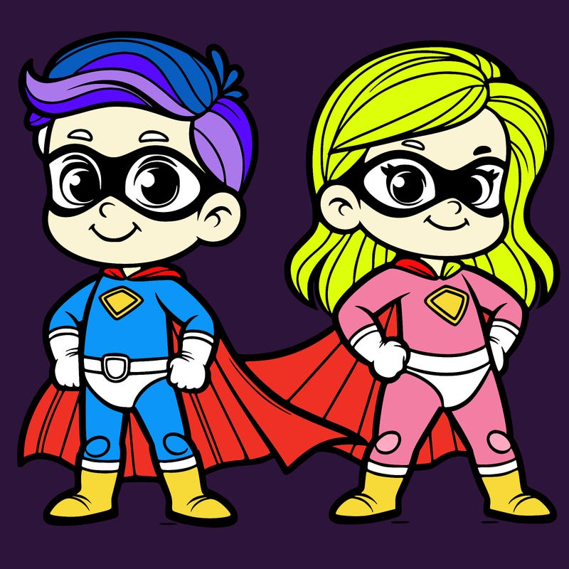 2 superheroes one is a boy of 5 and one is a girl 3 years