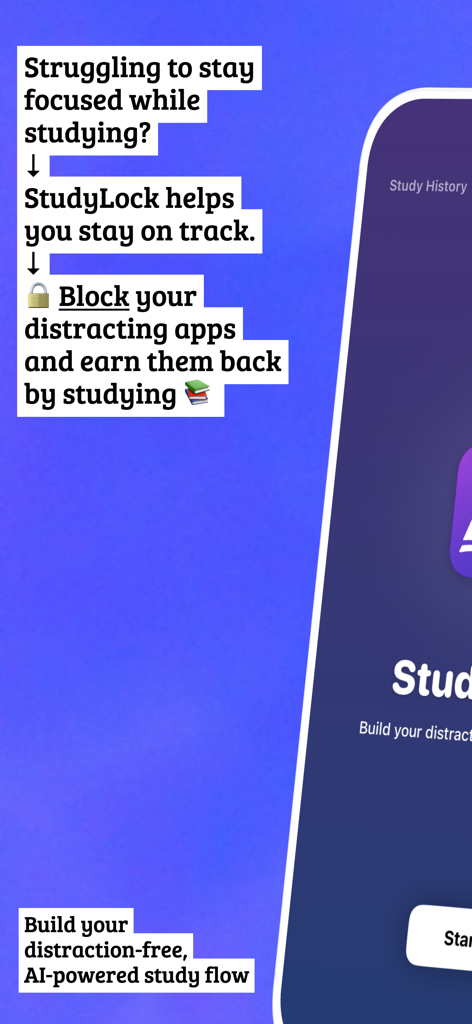 StudyLock: Block Distractions - StudyLock app introduction showing the block distracting apps feature to improve study focus