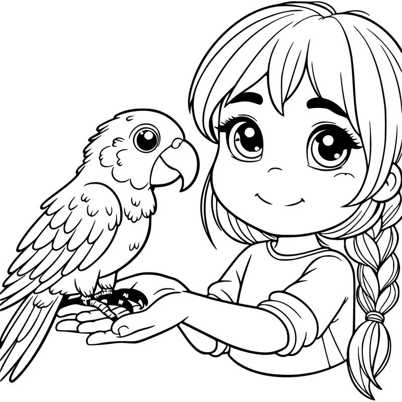 a beautiful parrot sits on the hand of a 6-year-old white-haired girl