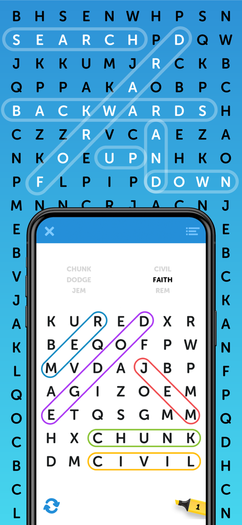 Simple Word Search Puzzles - Una pantalla de smartphone que muestra un clásico crucigrama con varias palabras resaltadas en diferentes colores.