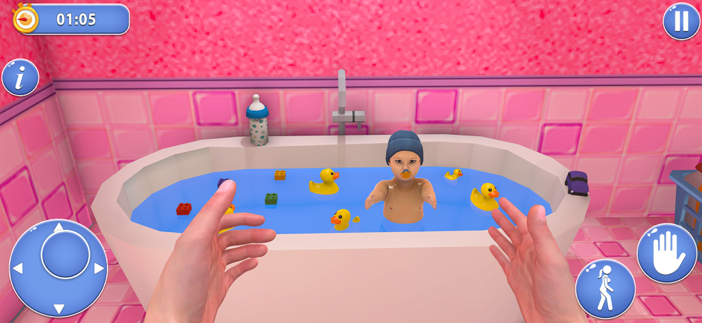 First person view of bathing a baby with rubber ducks in the Pregnant Mom Kin Life simulation game