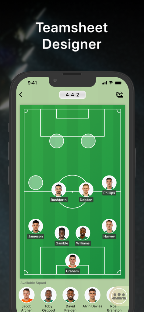 Teamsheet - Soccer Line Up - Mobile app interface showing a 4-4-2 soccer formation with player names and photos on a pitch