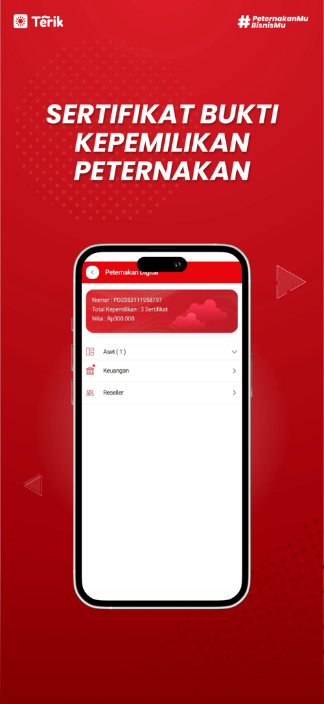 Terik - Terik app interface showing a digital livestock ownership certificate and asset management options