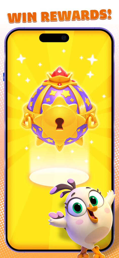 Angry Birds Dream Blastゲーム内の装飾的な金色の宝箱の報酬と、かわいい鳥のキャラクター。
