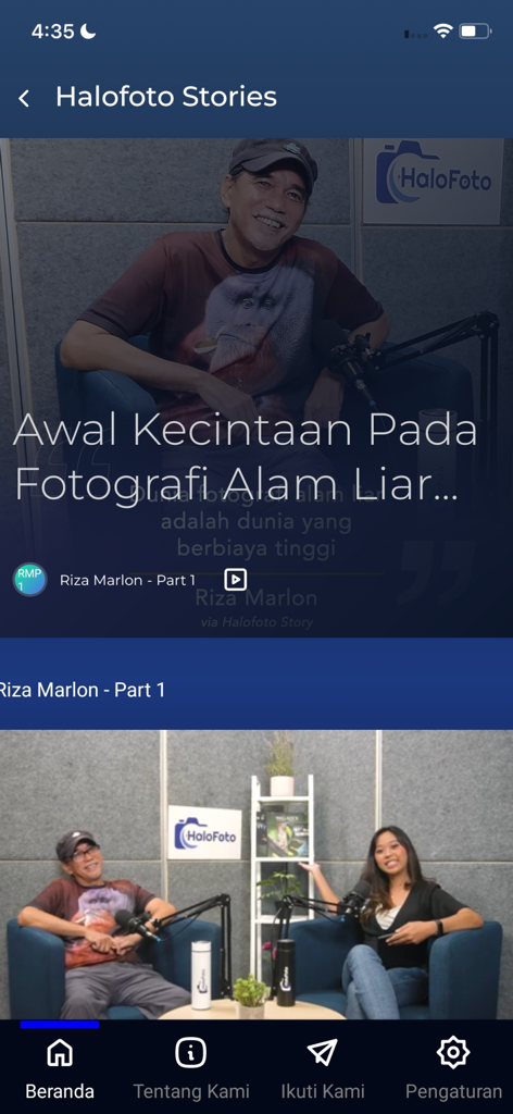 Halofoto App - Halofoto App stories screen featuring an interview with wildlife photographer Riza Marlon