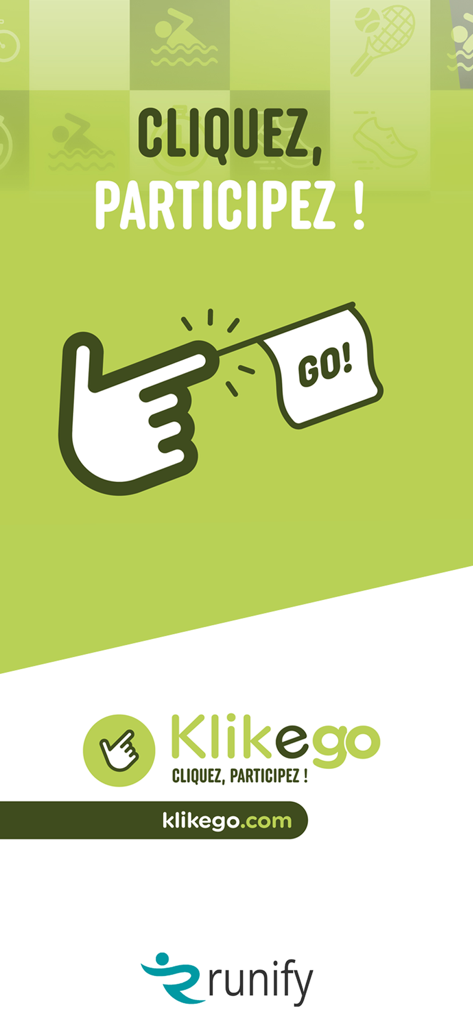 Klikego - Klikego mobile app welcome screen with sports icons and a hand clicking a race flag