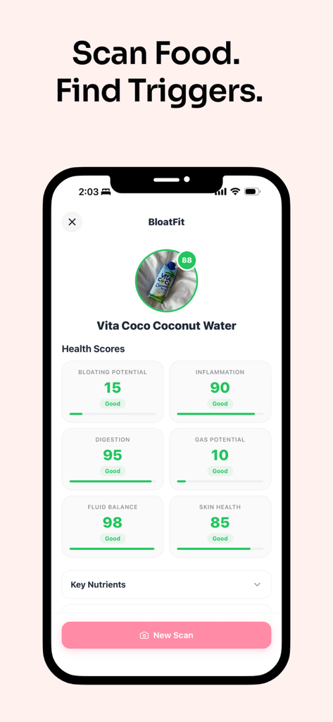 BloatFit - BloatFit app screenshot showing AI health scores for scanned food including bloating potential and digestion metrics