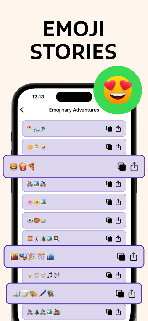 소셜 공유를 위해 큐레이션된 이모티콘 조합을 보여주는 이모티콘 이야기 기능의 모바일 화면.