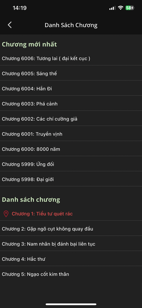 Xa Lộ Sách - Xa Lo Sach app screen showing a list of chapters for a Vietnamese novel.