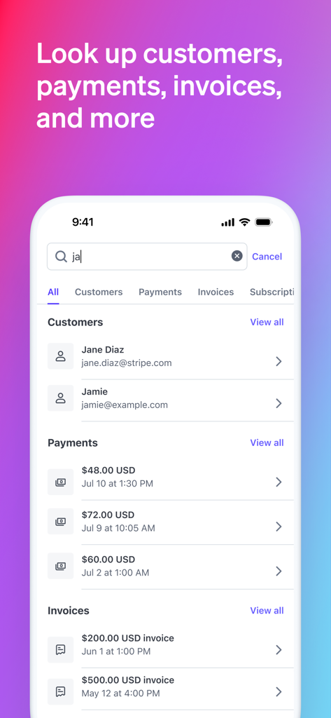 Schermata di ricerca dell'app Stripe Dashboard che mostra record per pagamenti e fatture dei clienti.