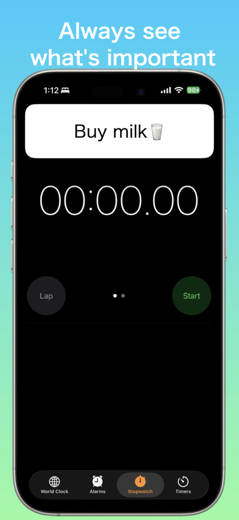 Floating Notepad　-Overlay- - Floating notepad overlay on top of an iPhone stopwatch app showing a reminder to buy milk.