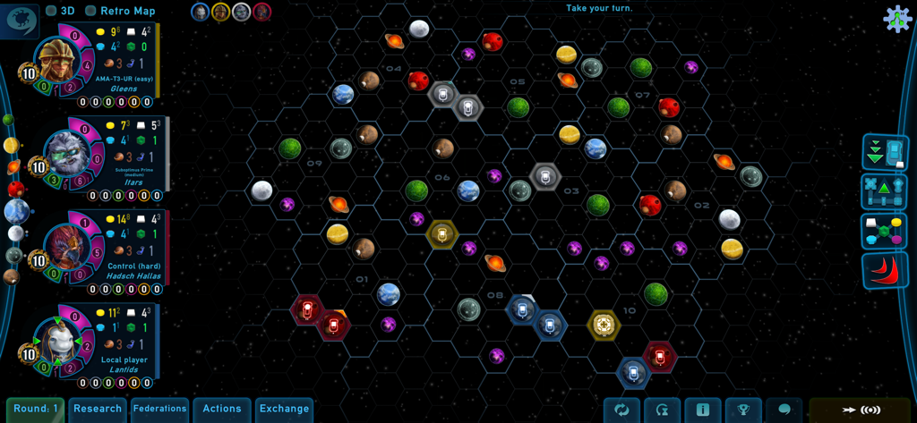 Gaia Project - Gameplay screenshot of Gaia Project showing the hexagonal star map and player faction dashboards.