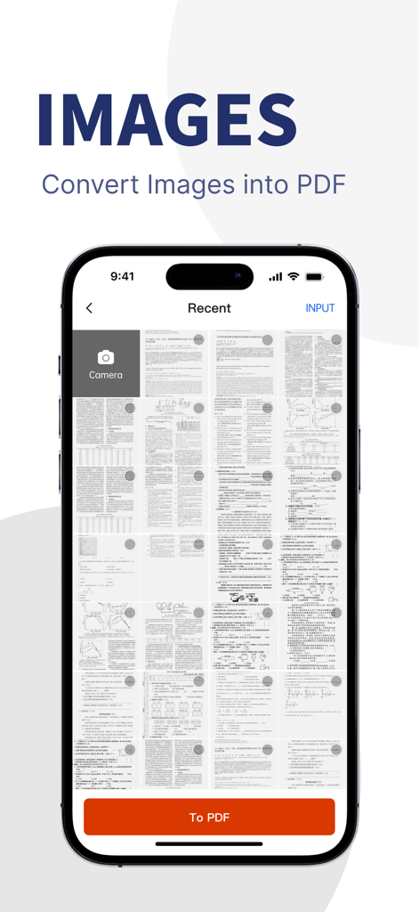Converter Files & PDF Editor - Una pantalla de aplicación móvil que muestra una galería de documentos escaneados e imágenes listos para ser convertidos en un único archivo PDF.