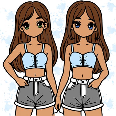 two sisters with crop tops and jean shorts and straight hair