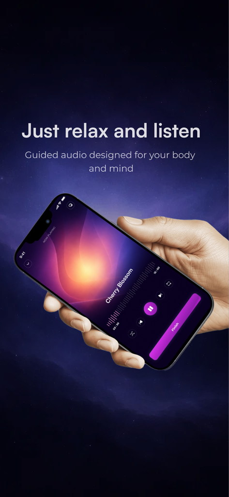Oryn: Mindful Connection - A hand holding a smartphone showing a guided audio session for mindfulness and relaxation on the Oryn app.