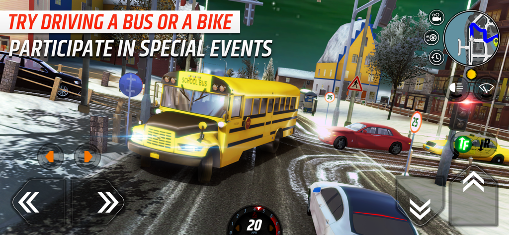 A yellow school bus driving through a snowy city street in the Car Driving School Simulator game.