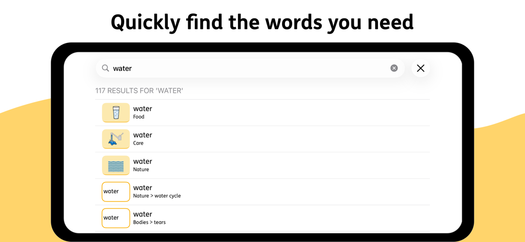 Proloquo - Proloquo AACアプリのスクリーンショット。単語「water」の検索結果と、さまざまなカテゴリのアイコンと説明が表示されています