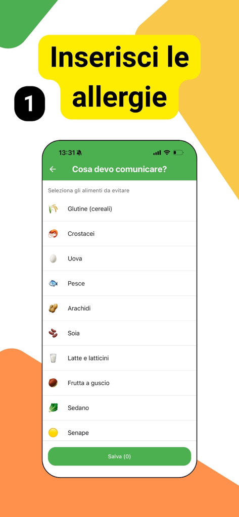 AllergiApp - Tela móvel do AllergiApp mostrando uma lista de alérgenos alimentares com ícones descritivos para seleção