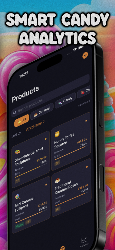 Mobile app interface displaying sales and revenue analytics for various artisanal confectionery products