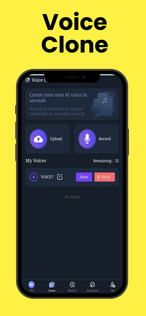 MicVoice Ai - Interfaz de la aplicación MicVoice AI que muestra opciones de clonación de voz para cargar o grabar audio para crear una voz de IA personalizada
