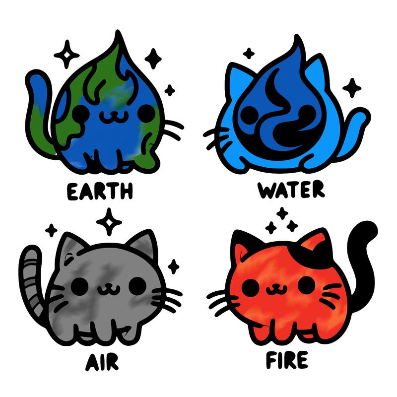4 cats that represent the different elements, earth, water, air, and fire