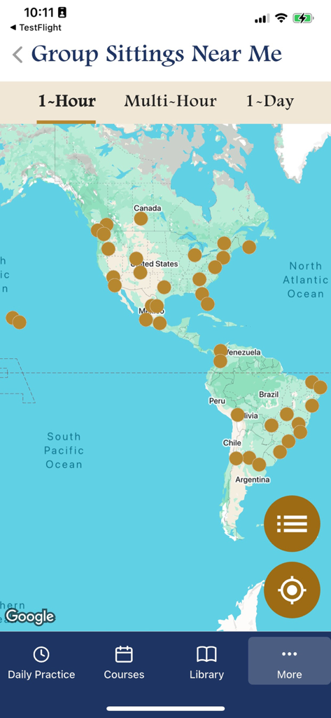 Dhamma.org - A map display within the Dhamma.org app showing meditation group sitting locations across the Americas