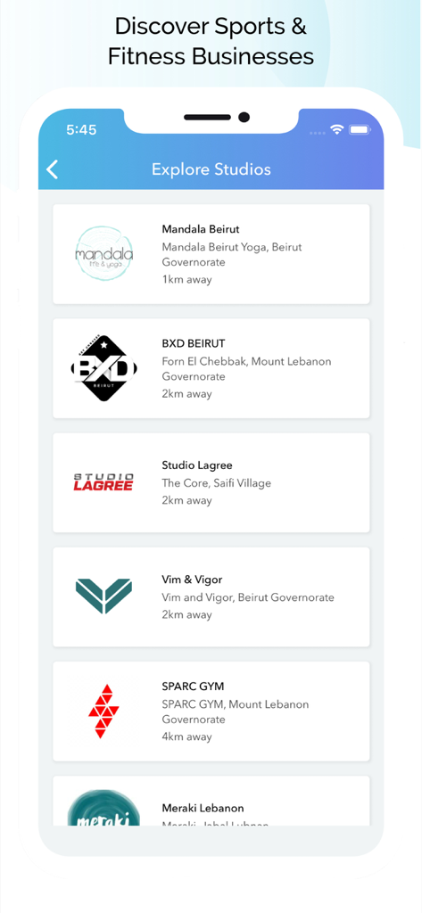 In2アプリで予約可能なフィットネススタジオとジムのリスト