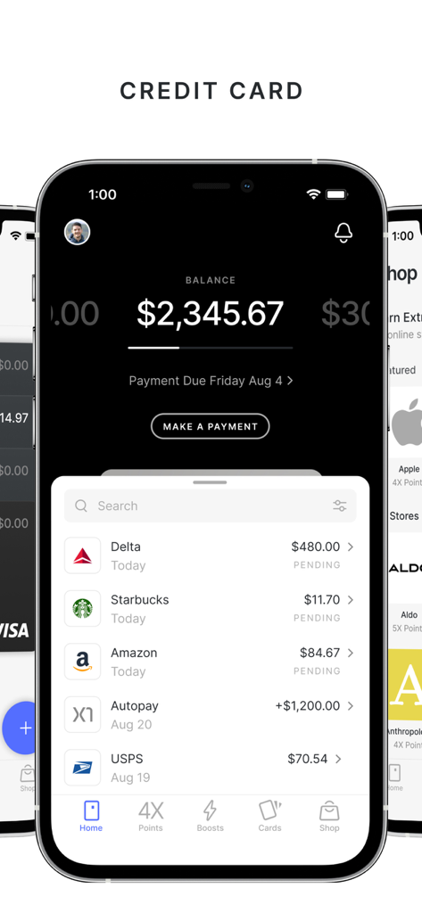 X1 Card - Smartphone screen showing the X1 Card app balance and transaction history.