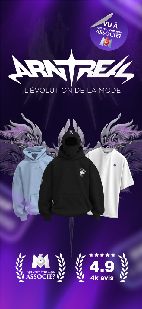 Arntreal phygital fashion app interface featuring streetwear hoodies and virtual closet branding