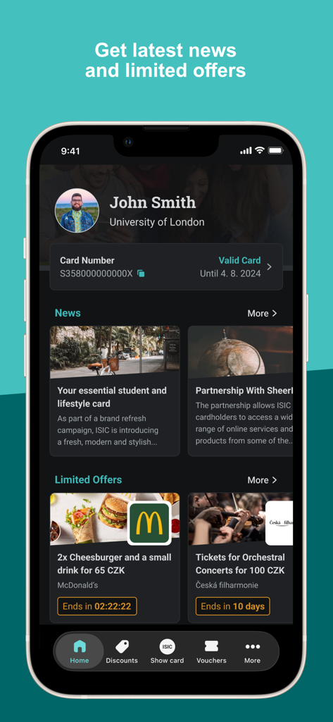 Pantalla de inicio de la app ISIC mostrando el carnet de estudiante digital y ofertas limitadas para estudiantes.