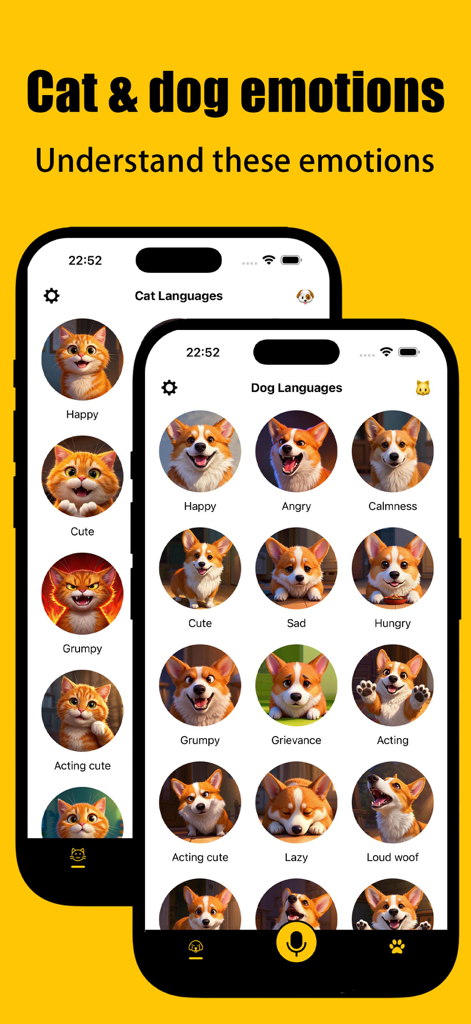 Dog&Cat Translator - Pet Talk - A mobile app interface displaying a grid of cat and dog icons with various emotional labels like happy, angry, and cute