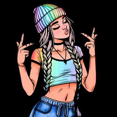 realistic teenage girl with braids and a beanie and crop top doing 🫶🏼