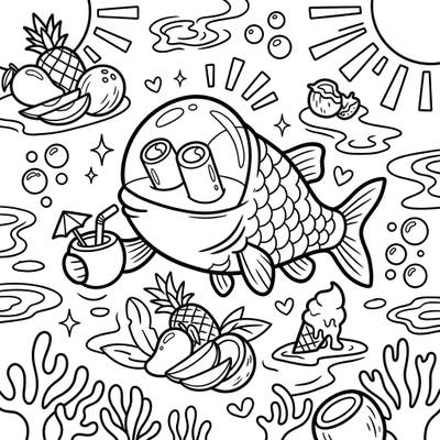 Get ready for a splash of summer fun with this adorable Barreleye Fish coloring page. Dive into a vibrant scene featuring tropical fruits, melting ice cream, and an ocean friend enjoying a sunny vacation!
