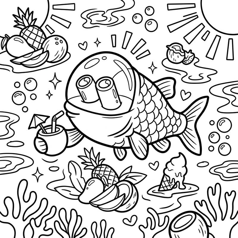 Get ready for a splash of summer fun with this adorable Barreleye Fish coloring page. Dive into a vibrant scene featuring tropical fruits, melting ice cream, and an ocean friend enjoying a sunny vacation!