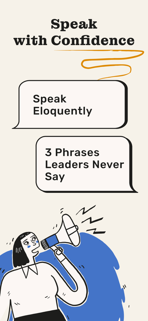 Growbit - Daily Micro Learning - Una schermata di micro-apprendimento dall'app Growbit che mostra una lezione sull'arte di parlare con sicurezza ed eloquenza con l'illustrazione di una donna che usa un megafono.