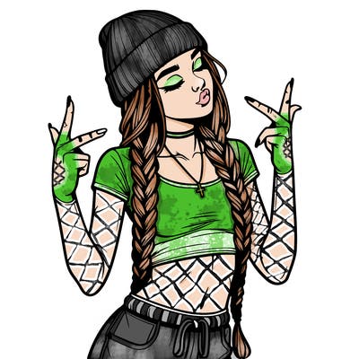 realistic teenage girl with braids and a beanie and crop top doing 🫶🏼
