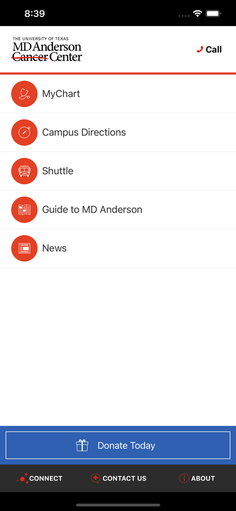 MD Anderson Mobile - Home screen of the MD Anderson Mobile app showing the main menu with options for MyChart campus directions shuttle guide and news