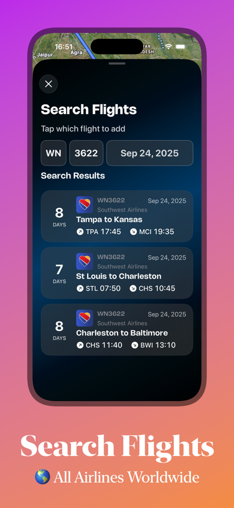 Flight Tracker: FlightElite AI - Mobile app screen for FlightElite AI showing flight search results for Southwest Airlines including route details and departure times