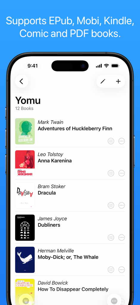 Yomu EBook Reader library interface on iPhone displaying classic books and supported formats like EPub and PDF