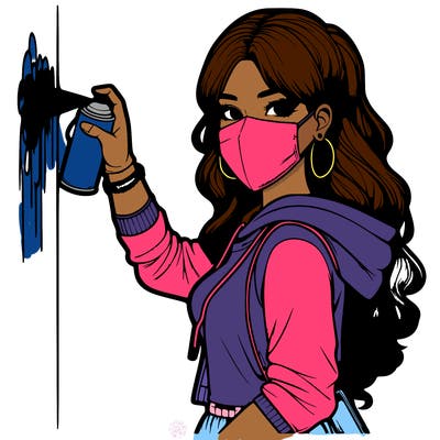 realistic girl with mask spray painting a wall