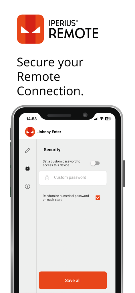 Iperius Remote Desktop - Iperius Remote Desktop security settings screen on iPhone showing password configuration options