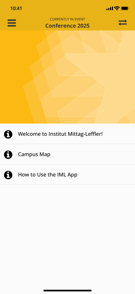 Pantalla de inicio de la aplicación Institut Mittag-Leffler para la Conferencia 2025, con mapa del campus y enlaces a información del evento.