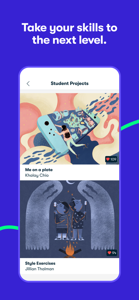 Screenshot of Skillshare app showing a gallery of creative student illustration projects