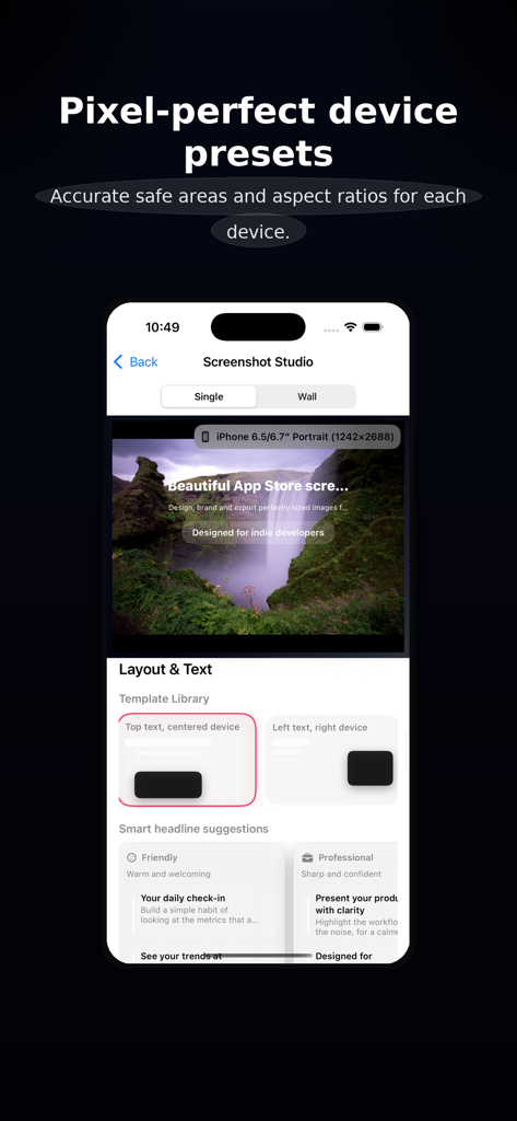 Screenshot Studio - Screenshot Studio interface showing device presets and layout options for creating app store screenshots