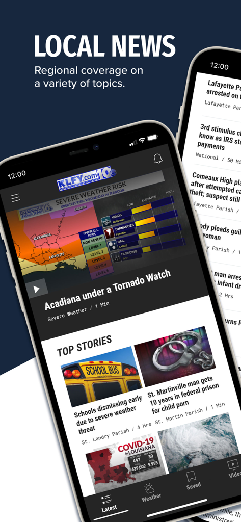 Interface do aplicativo KLFY News 10 exibindo notícias locais de Lafayette e alertas de clima severo para a região de Acadiana.