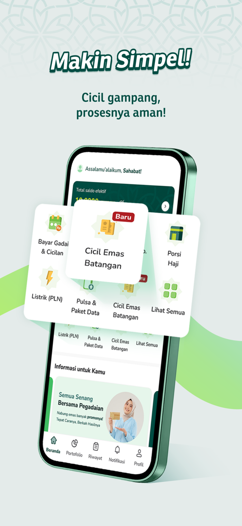 Pegadaian Syariah Digital - Pegadaian Syariah Digitalモバイルアプリのインターフェース。金塊分割払いと金融サービスオプションを強調。