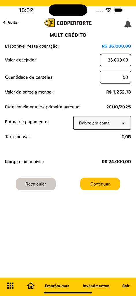 신용 금액 및 월별 상환 세부 정보를 보여주는 쿠퍼포르테 앱 대출 시뮬레이션