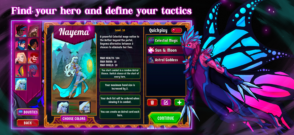 Breach Wanderers: Deckbuilder - Hero selection screen in Breach Wanderers showing the character Nayema with her stats and tactical abilities.